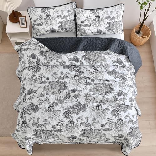 Botanical Quilt Set Size 3 Pieces Toile Floral Plants Printed Queen Black