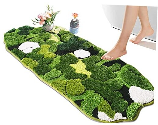 Cute Green Moss Bathroom Runner Rug Long Rectangular Boho Aesthetic Leaf