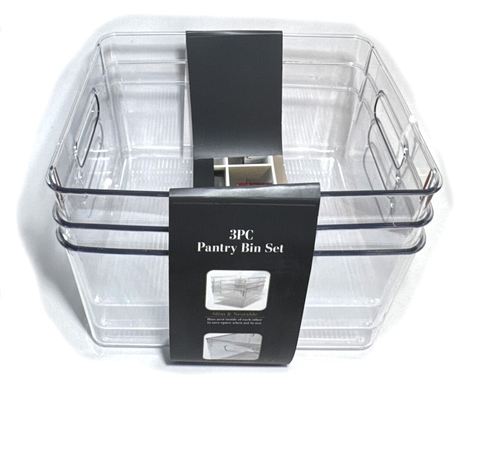 Pantry 3pc Rectangular Plastic Bin Set 11 x 8 x 6 Clear Durable BPA Free Plastic
