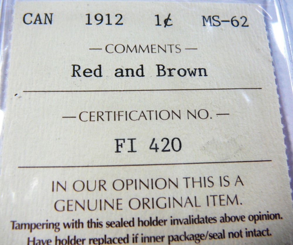 1912 1c ICCS MS-62 Red Brown Canada Cent