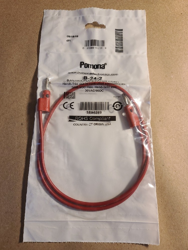 Pomona B-24-2 Banana Plug Patch Cord, Stackable, Red D500
