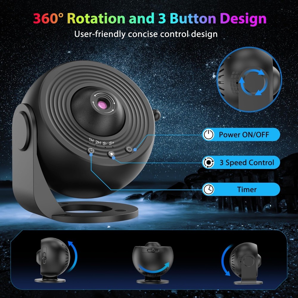 Galaxy Projector for Bedroom, , 360° Rotating 1/2h Timer Simple 3-Button Control