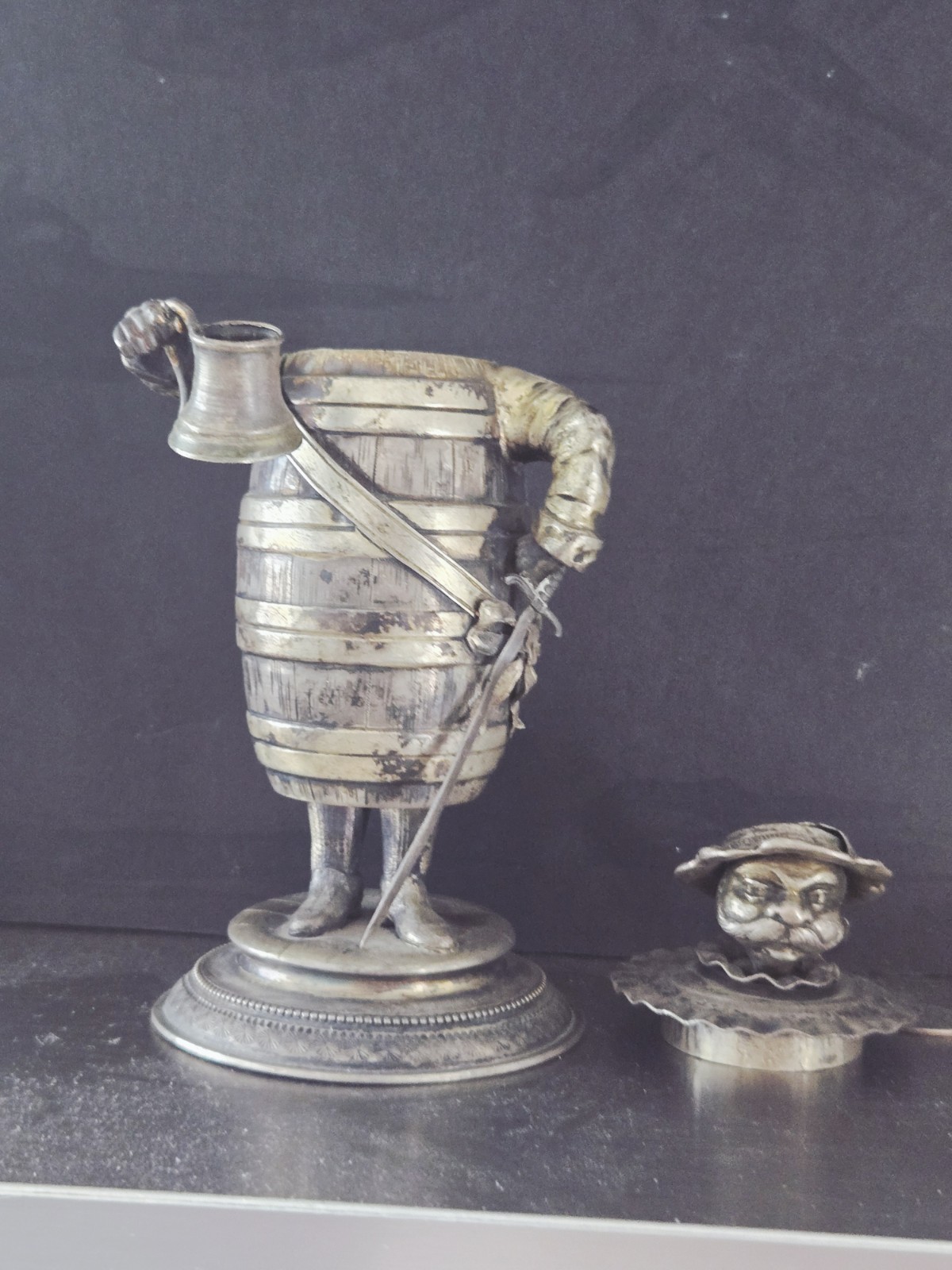 ANTIQUE HANAU GERMAN STERLING SILVER CUP TANKARD BEER STEIN DRUNK MAN FIGURE