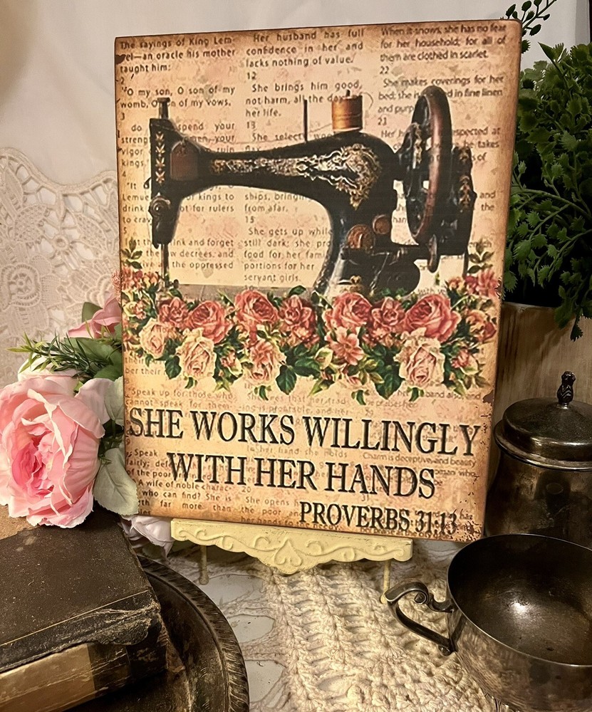 Antique Sewing Machine, Proverbs, Rustic Primitive Handcrafted Plaque / Sign