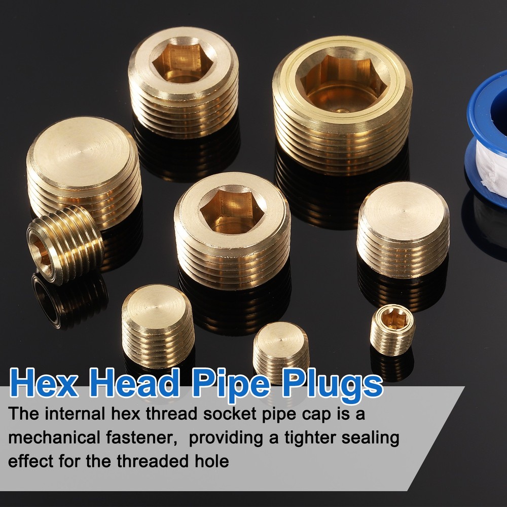4Pcs 1/4 PT Brass Pipe Plug Fitting, Male Thread Internal Hex Socket Pipe Cap