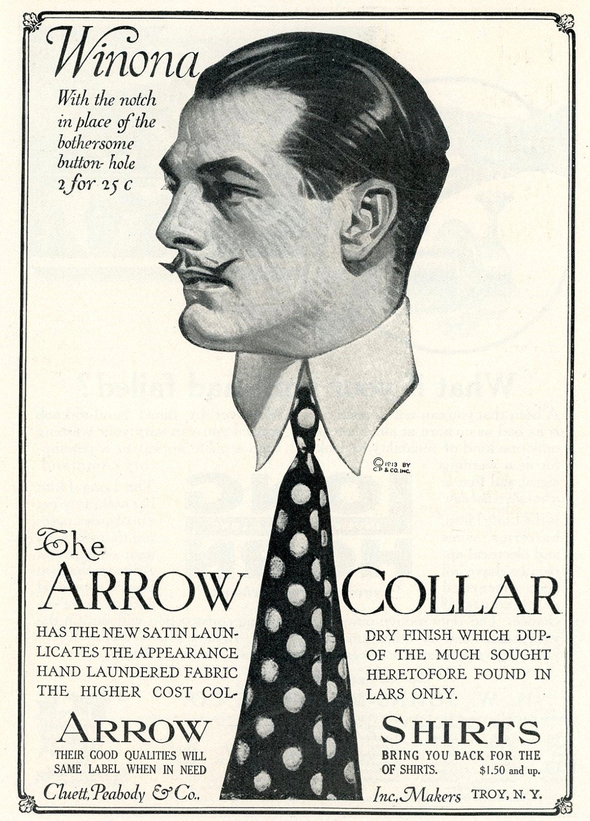 1914 Original Arrow Collar Ad. JC Leyendecker. Man With Waxed Mustache & Dot Tie