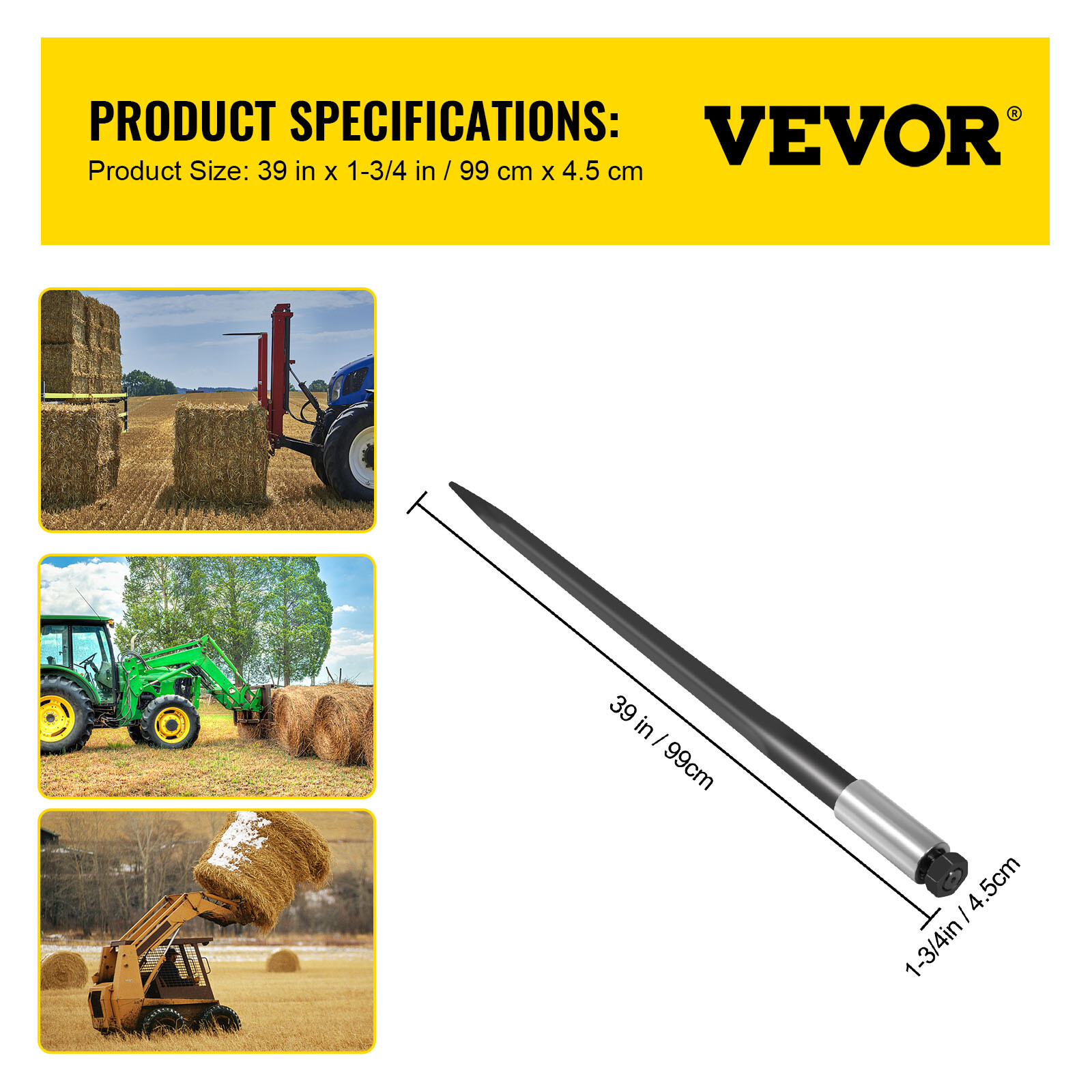 VEVOR Square Hay Bale Spear 39" 3600 lbs Capacity Spike Fork Tine for Tractors