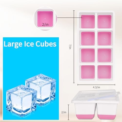 Large Ice Cube Trays with Lid, 2 Pack Stackable Silicone Ice Cube Molds Pink