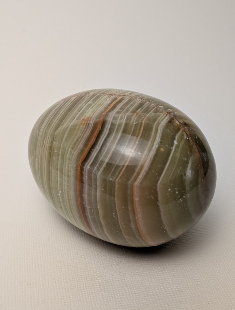 Vintage Polished Stone Egg – Olive Green w/ Natural Stripe Pattern – 2.75" Wide