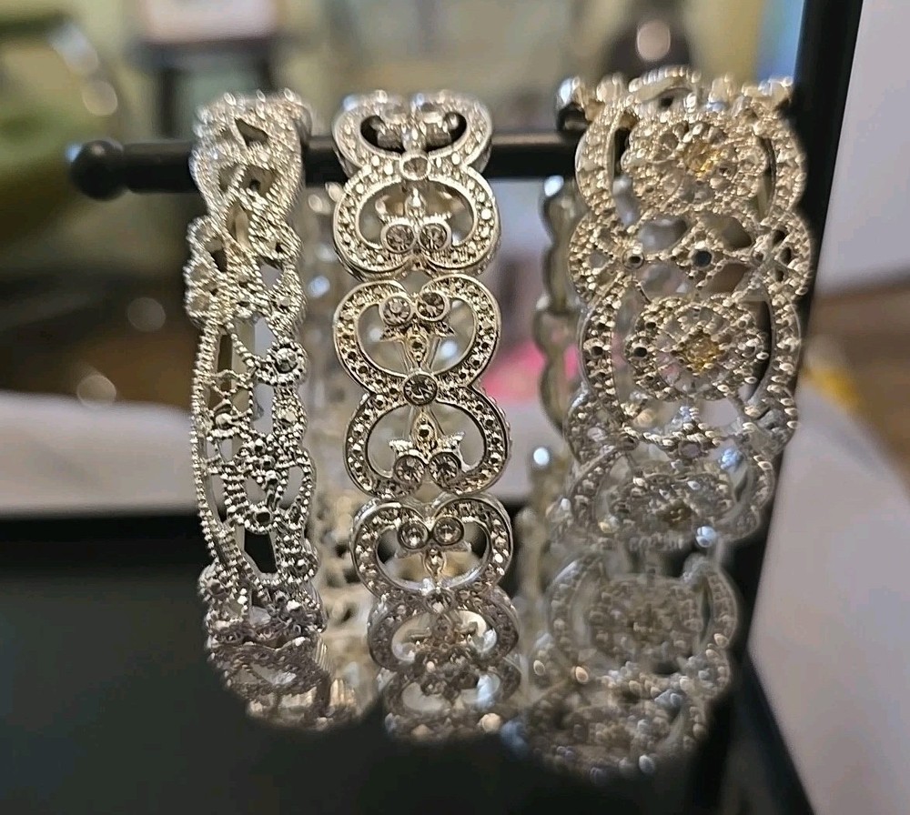 6 Vintage Silver Tone Stretch Bracelets