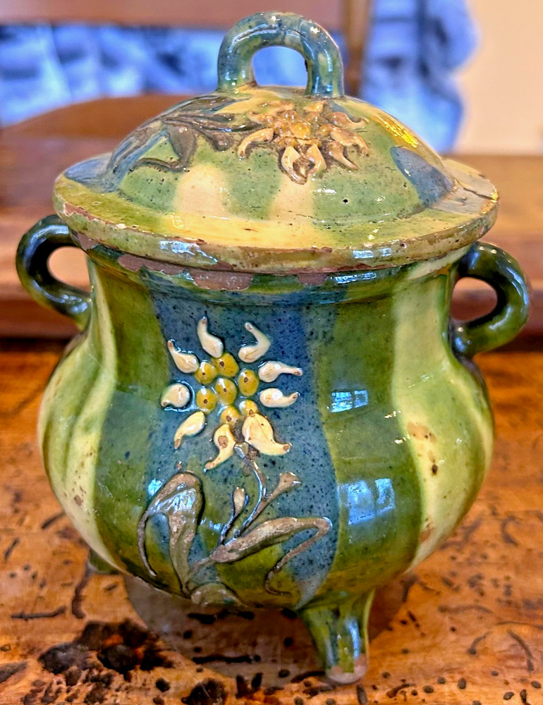 FRENCH ANTIQUE SUGAR JAR POT CERAMIC VESSEL  EARTHENWARE POTTERY