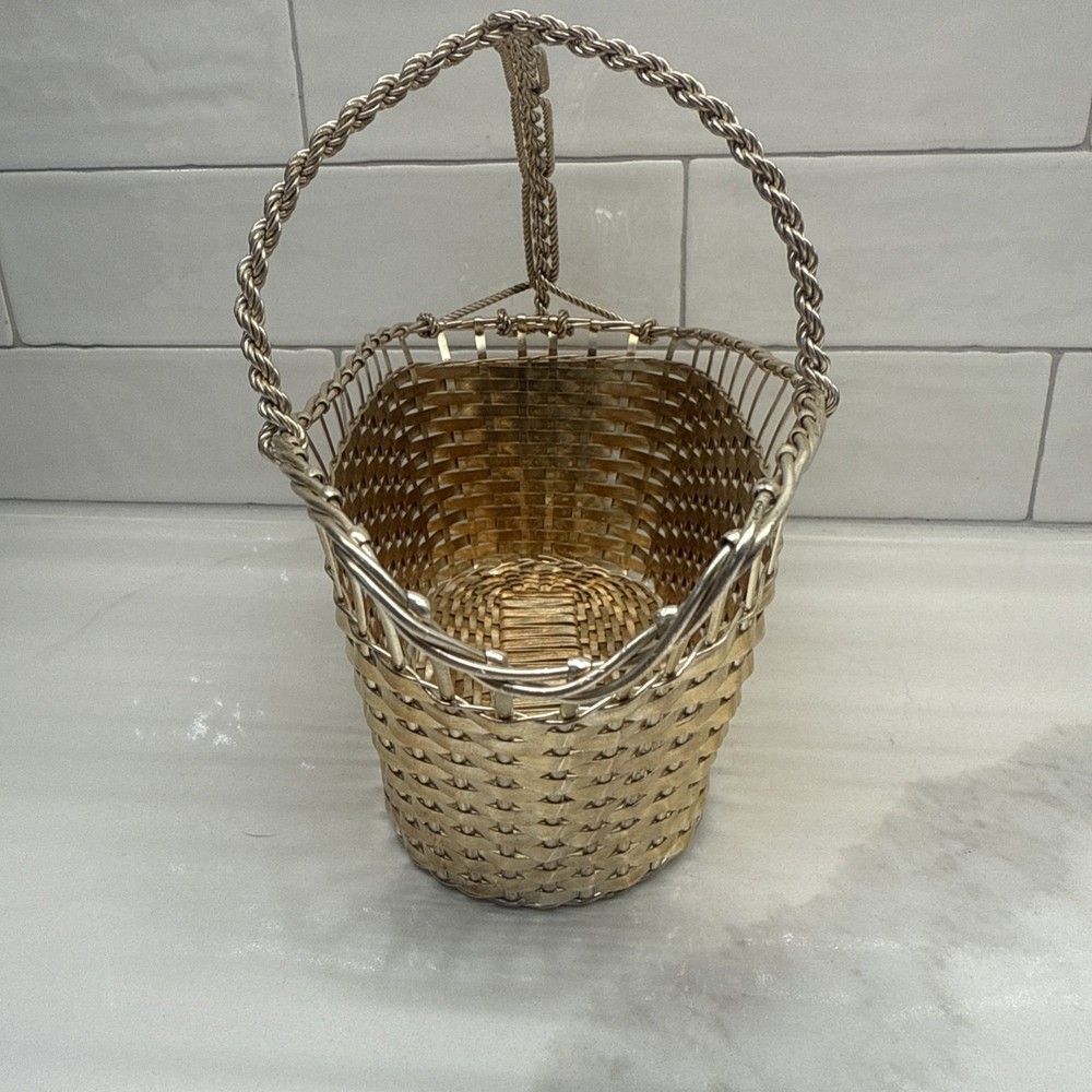 William Adams France Silverplate Wine Bottle Holder Woven Basket Vintage