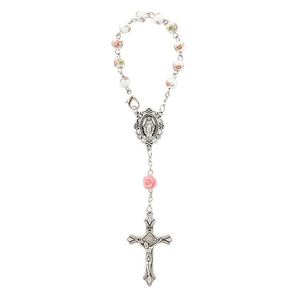 Pink Floral Ceramic Auto Rosary - W/ Gift Bag - 6 1/2" (P1008)