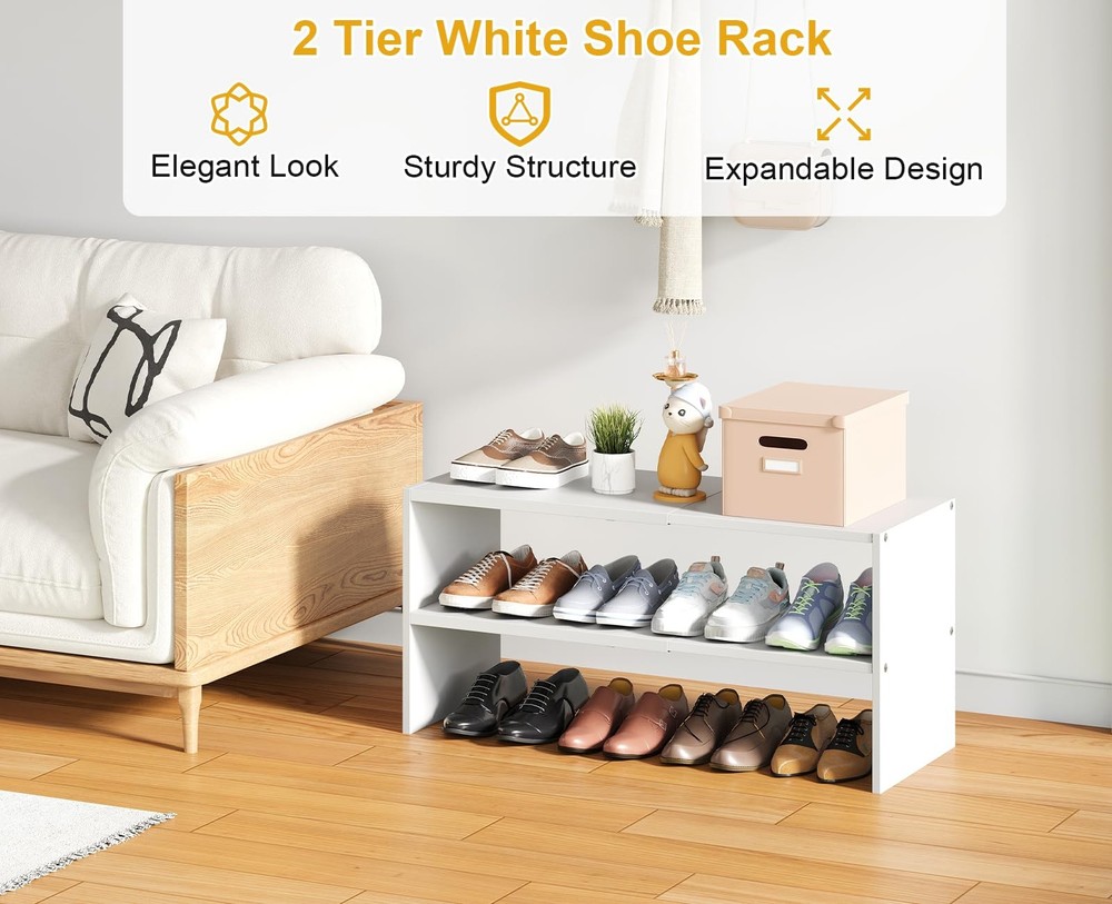 White Shoe Rack Organizer for Closet, 2-Tier Expandable Shoe Shelf, Stackable...