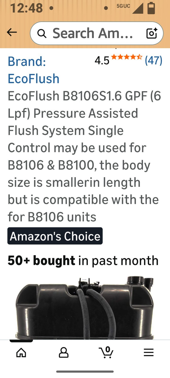 EcoFlush B8106 1.6 GPF 6 LPF Pressure Assisted Flush System Single Control - NEW