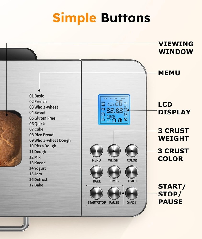 Stainless Steel 2LB Bread Machine with Custom Programs & 15-Hour Delay Timer