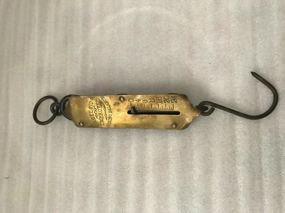 Antique Brass EXCELSIOR Spring Scale 24 lb Hanging Hook Scale