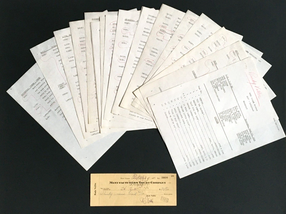 PATRICK McGEEHAN JACK HALEY RUDY VALLEE 1943 RADIO SHOW SCRIPT w SIGNED CHECK