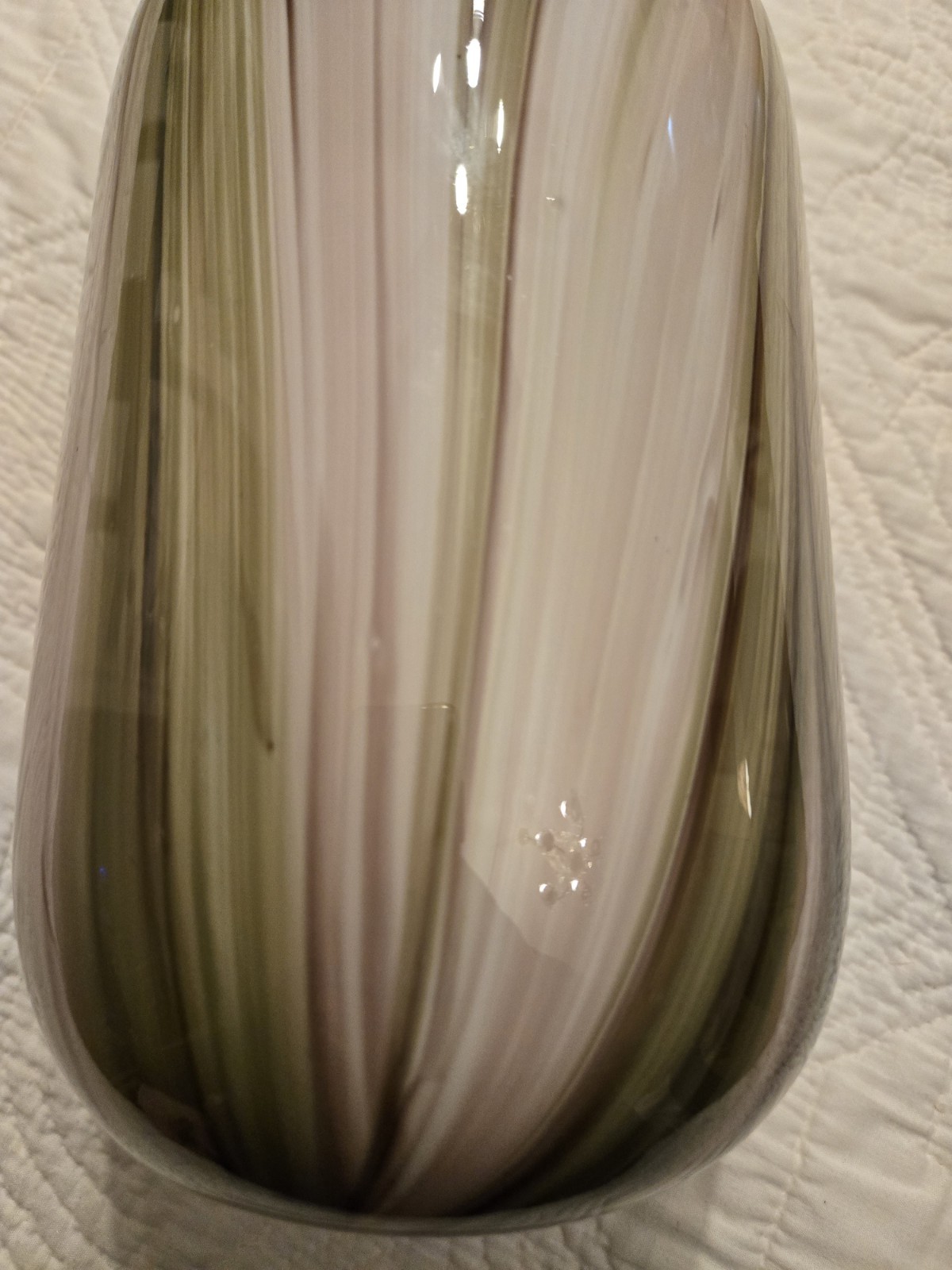 Vintage Heavy Murano Glass Vase Stripes Swirls 12" Hand Blown Green Purple 60s ?