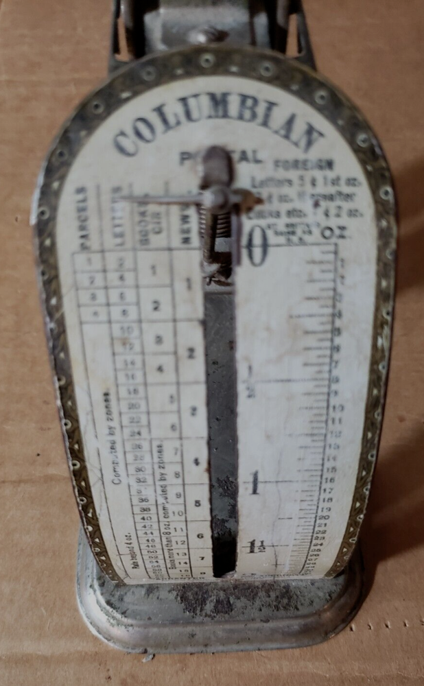 ANTIQUE COLUMBIAN POSTAL SCALE broken pointer, up to 2lbs With Tray