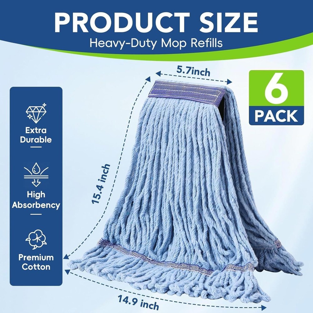 6 Pack Commercial Mop Head Replacement – Heavy Duty Mop Head