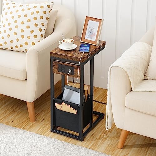 C Shaped Side Table with Charging Station, Foldable End Table with Fabric
