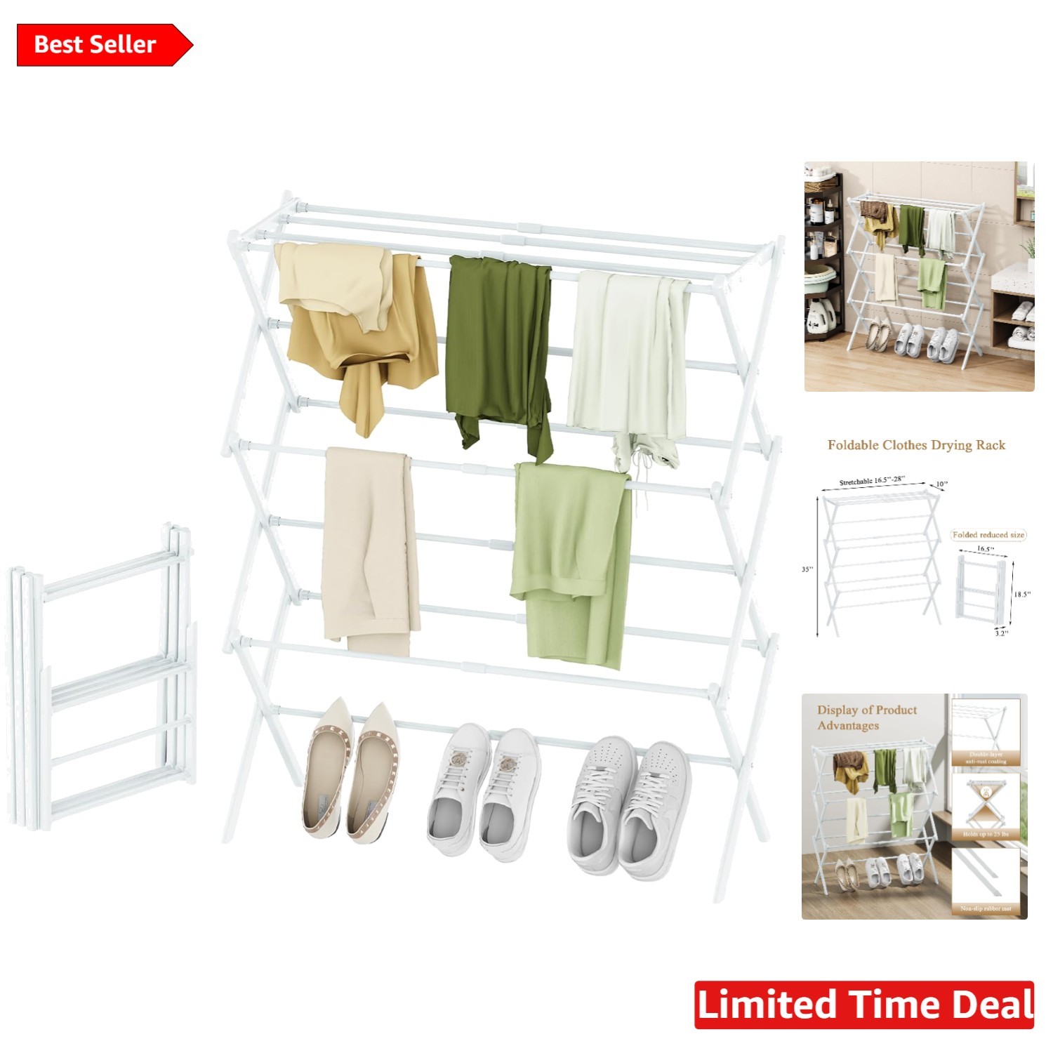 Deluxe Foldable 3-Tier Drying Rack - Portable & Anti-Rust Clothes Organizer