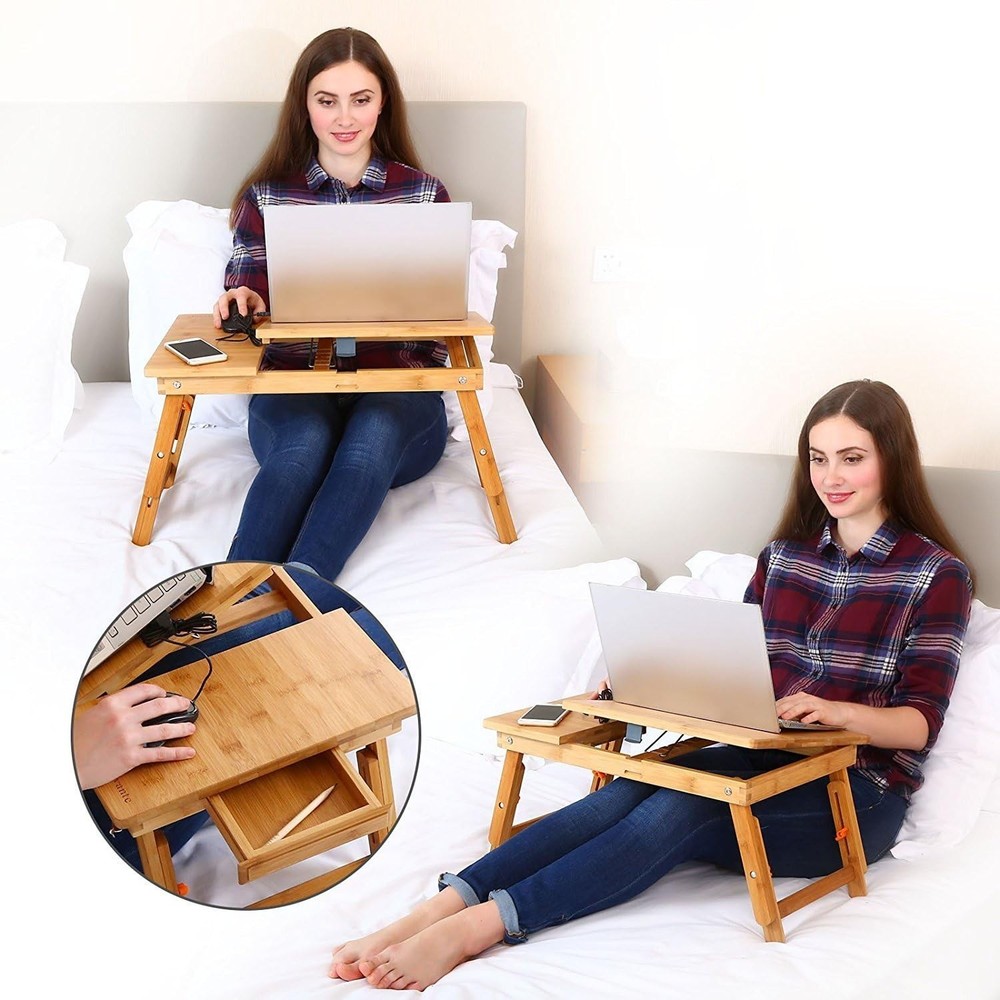 Foldable Bamboo Bed Tray with Drawer