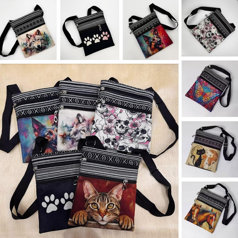 Moon Wolf Messenger Bag - Small Ethnic Pattern Printed Adjustable Strap Cross...