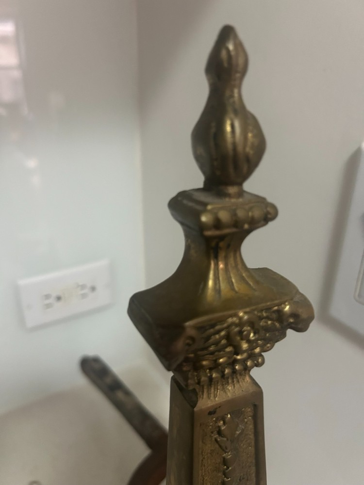 Solid Brass Antique Andirons, About 16" tall; highly ornate