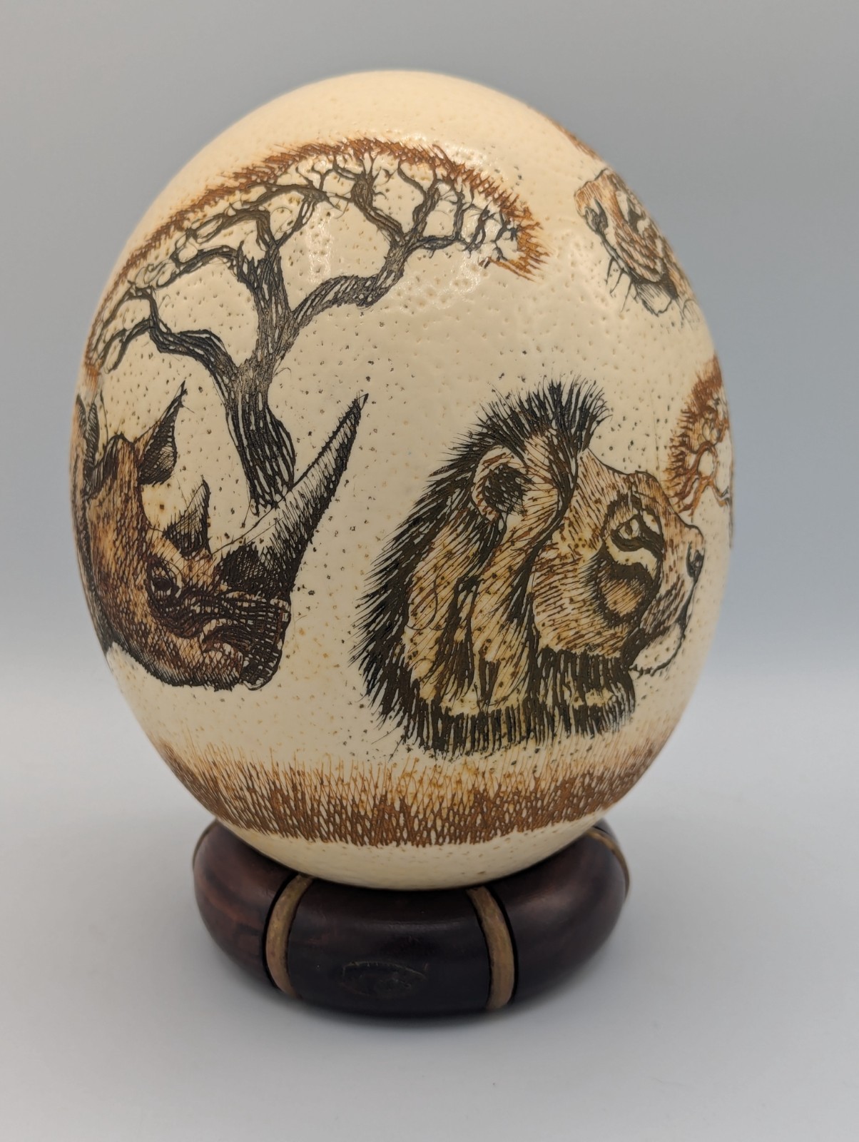 Hand-Painted Ostrich Egg of African Big Five Wildlife w/Decorative Stand