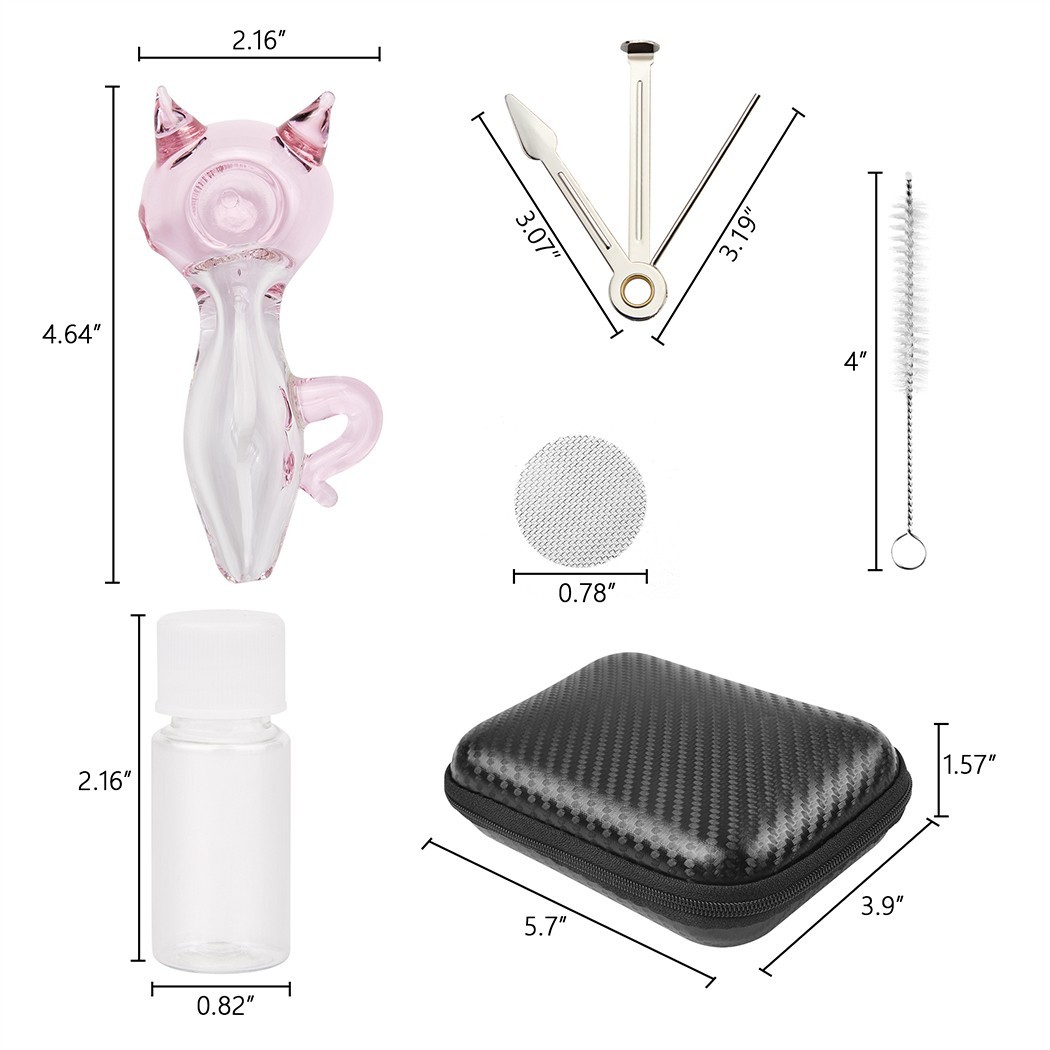 4" Cat Glass Tobacco Smoking Pipe with Brush Storage Box and Tool Hand Pipe