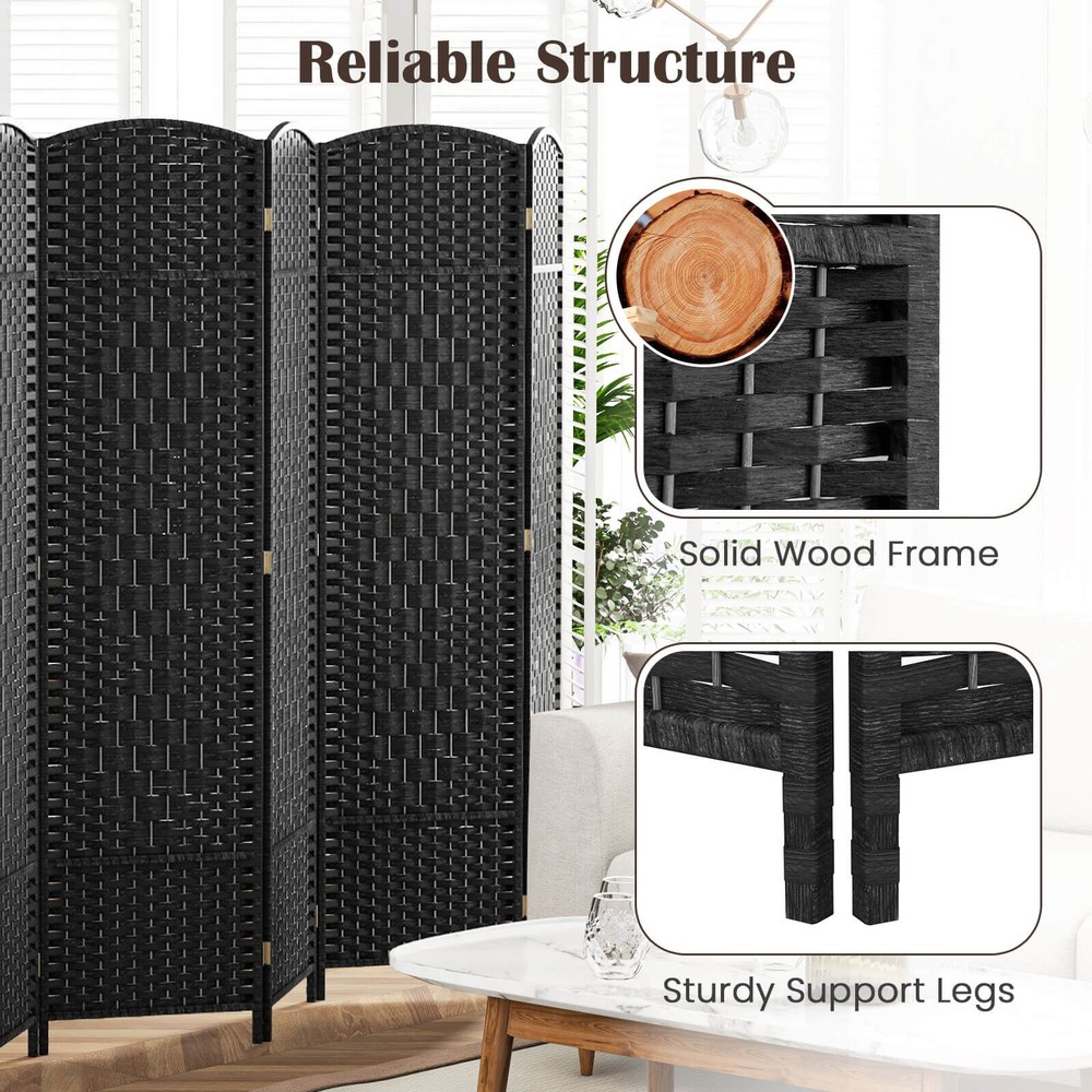8-Panel Room Divider 6 FT Tall Folding Privacy Screen w/Solid Wood Frame