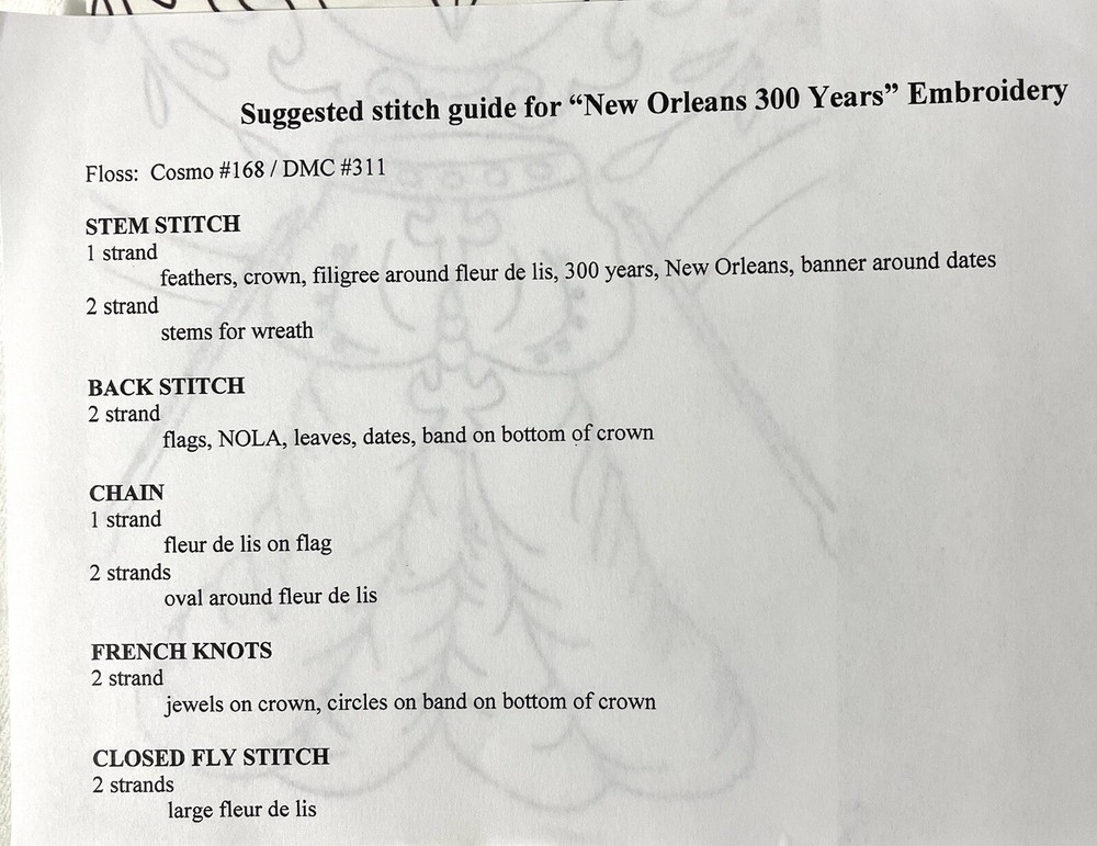 “New Orleans 300 Years” Embroidery Pattern