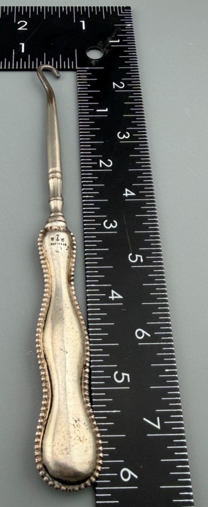 Antique Button Hook Sterling Silver Handle Steel Hook 6" Beaded Edge Monogram Te