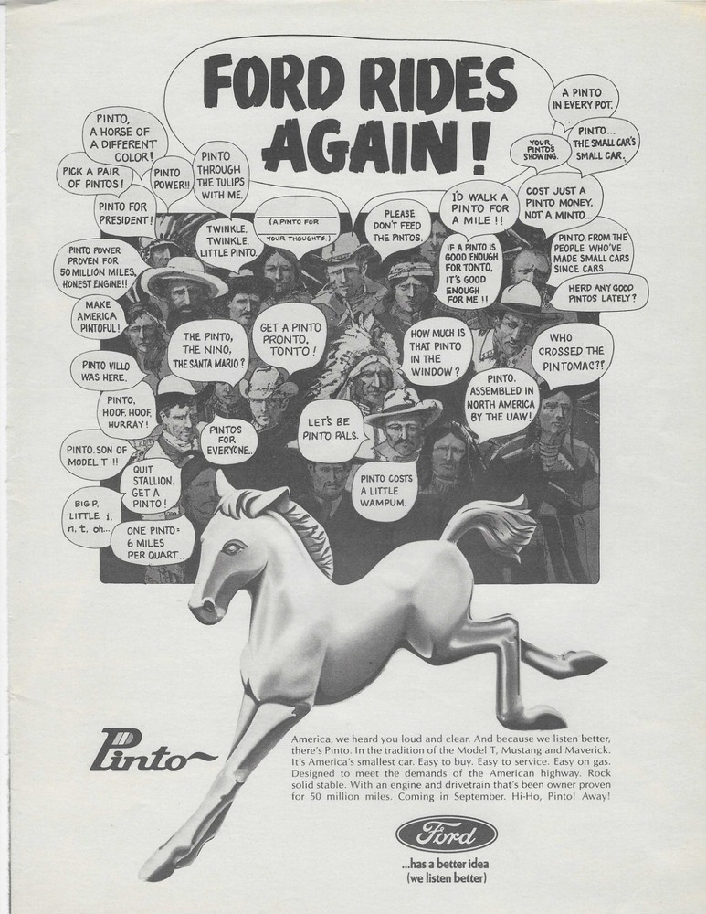 FORD RIDES AGAIN!   PINTO  ORIGINAL PRINT AD