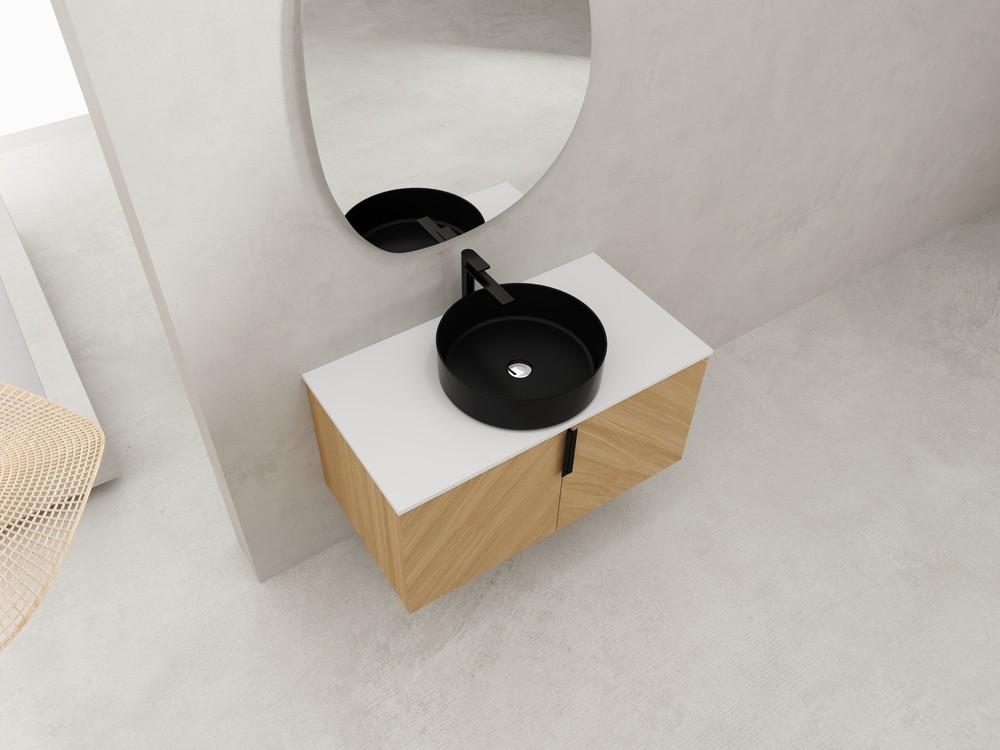 36" Wood Wall-Mounted Bathroom Vanity +Black Ceramic Sink Artificial Stone Slab