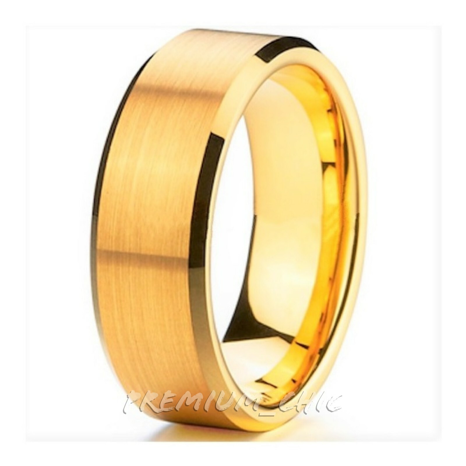 24k Gold Plated Tungsten Carbide Men's Wedding Band Ring Brushed Beveled Edge