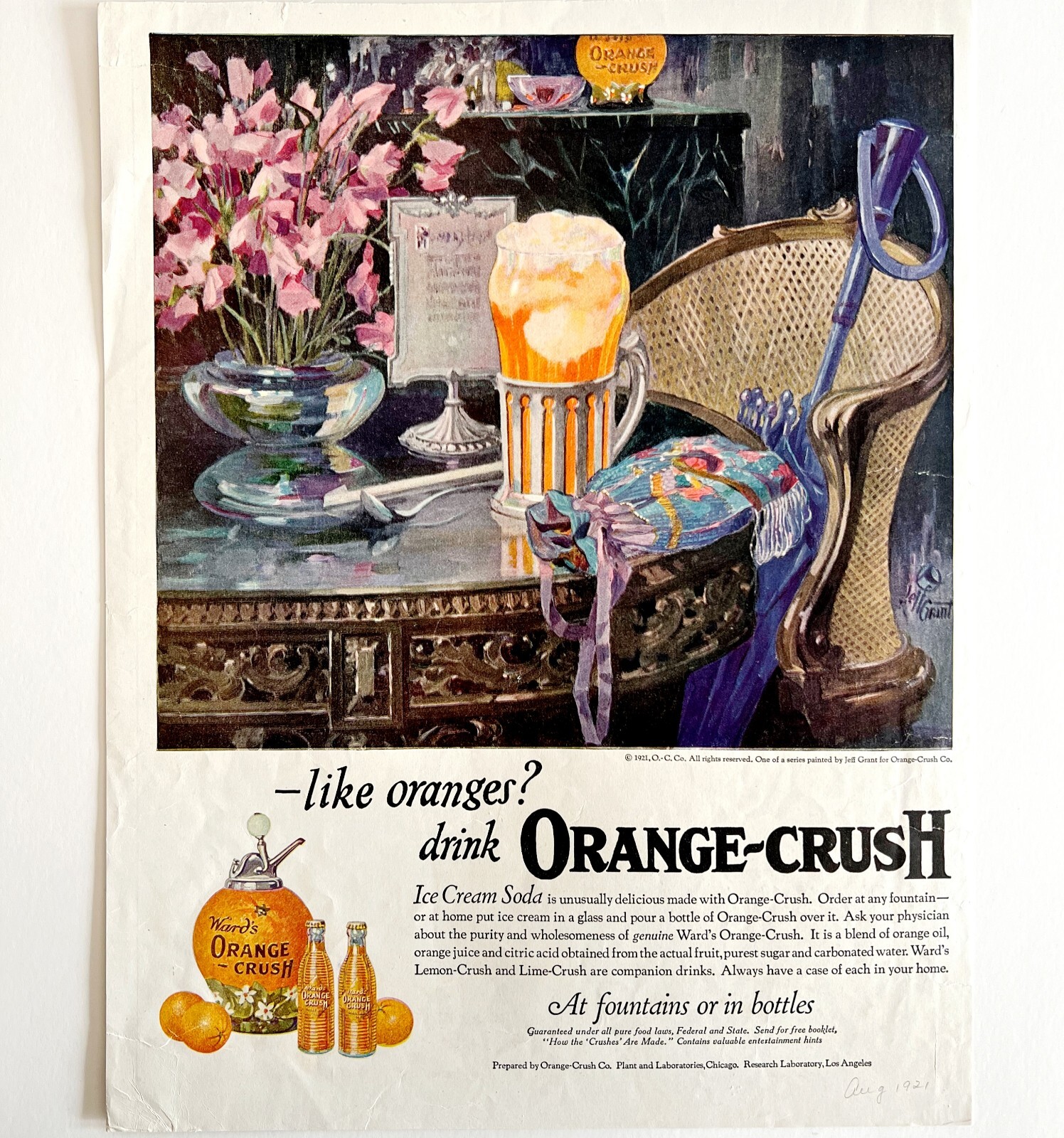 Wards Orange Crush 1921 Advertisement Lithograph Ice Cream Soda Beverage HM1H