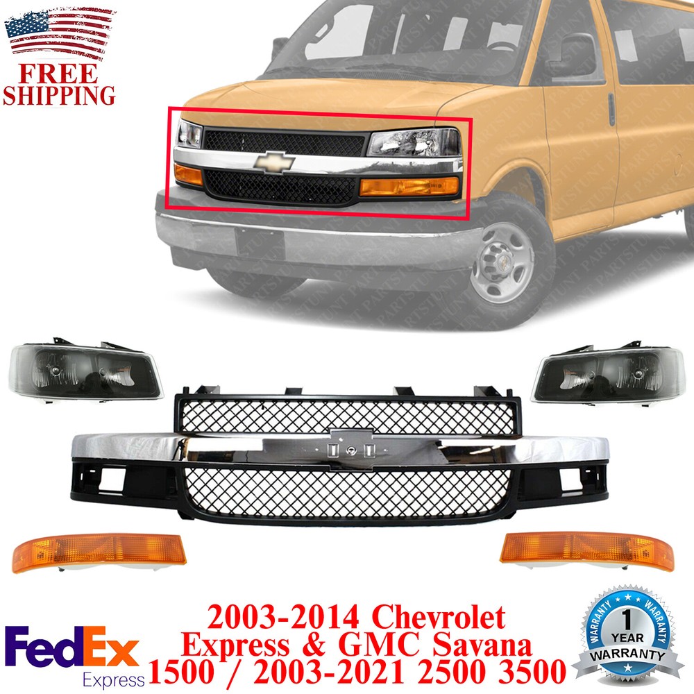 Front Grille Assembly + Headlight Kit For 2003-21 Chevy Express / GMC Savana Van