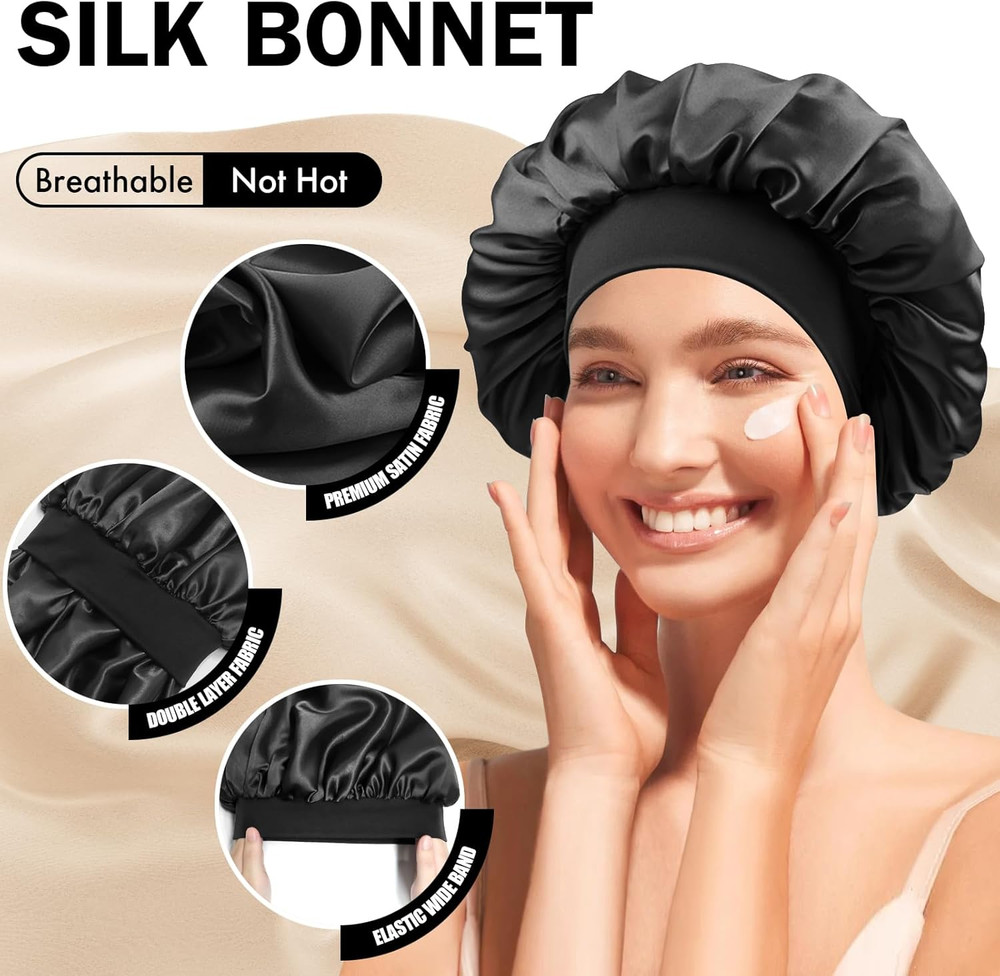 Satin Silk Bonnet for Sleeping, Double Layer Silk Sleep Cap for Men & Women, Sof