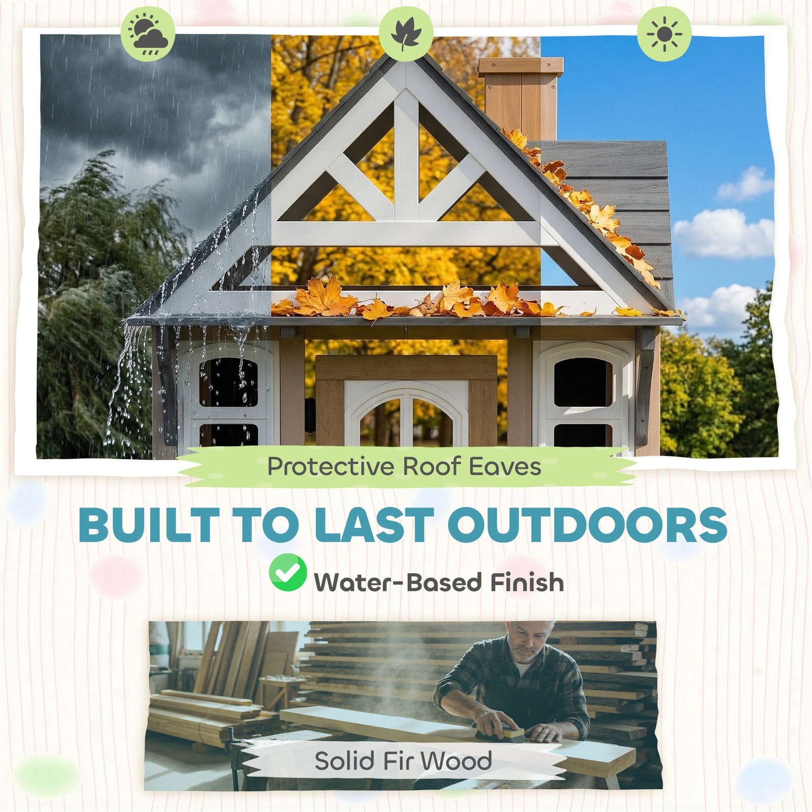 Qaba Outdoor Playhouse, Wooden Kids Playhouse with Dog Door, Cookware, Bell