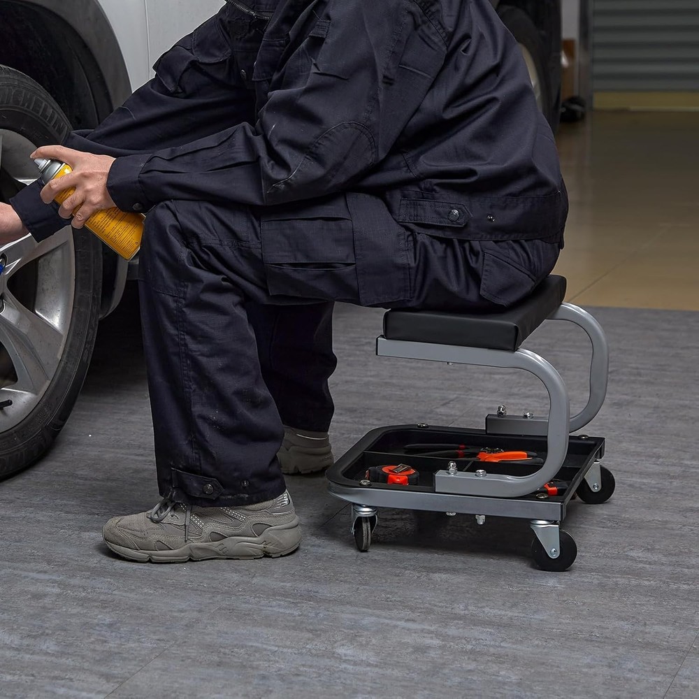 Comfortable 250 lb Capacity Workshop Stool with Tool Tray - Mechanic's Essential