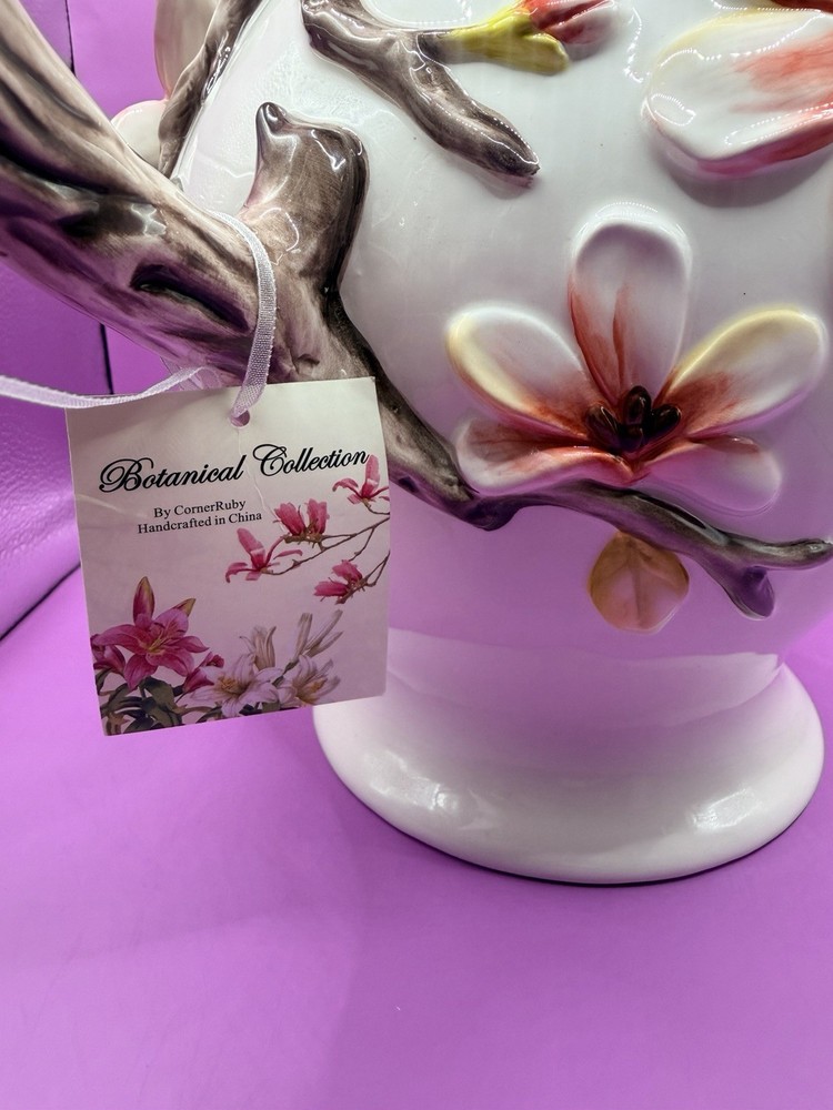 BOTANICAL COLLECTION BY CORNER RUBY STUNNING 3D PITCHER WITH FLOWERS & BIRDS