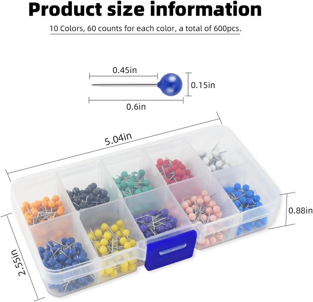 600 Pieces Push Pins Map Pins with Colored Head Map Tacks with Point Assorted Co