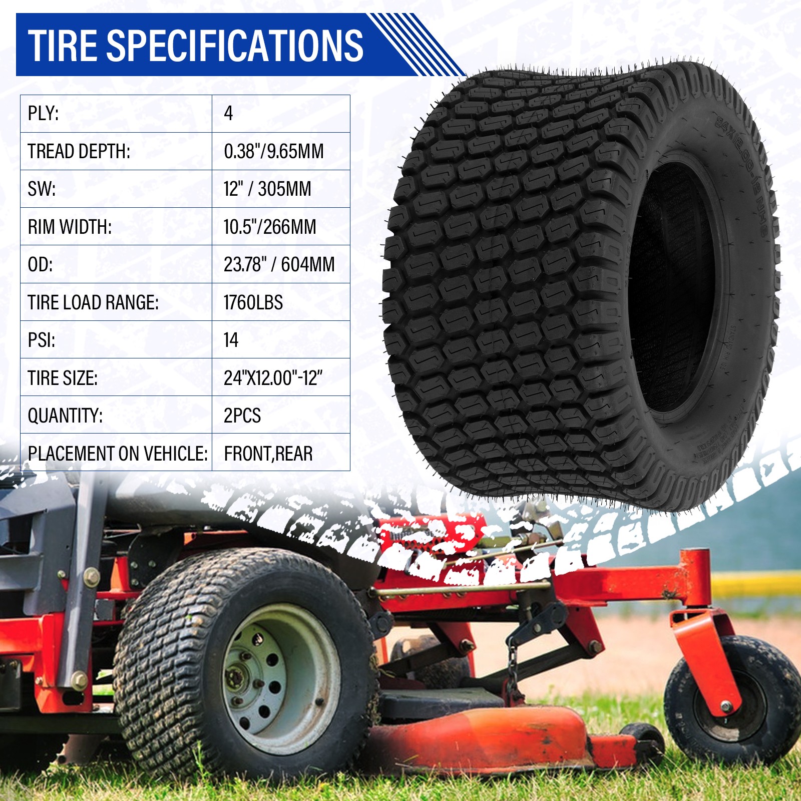 2 24x12.00-12 Lawn Mower Tractor Turf Tires 4 Ply 24x12-12 Tubeless 1710Lbs