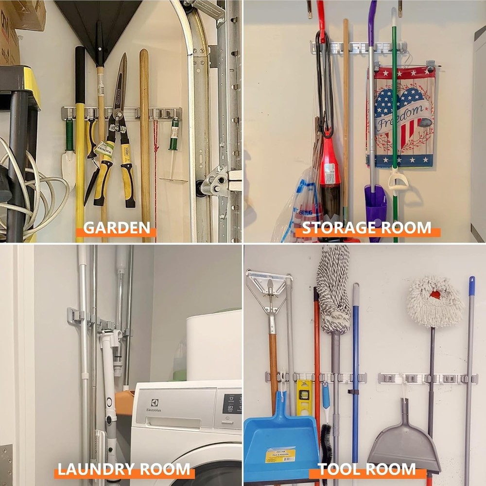 Effortless One-Hand Lock Broom Holder - Wall Mount Storage Solution in Silver