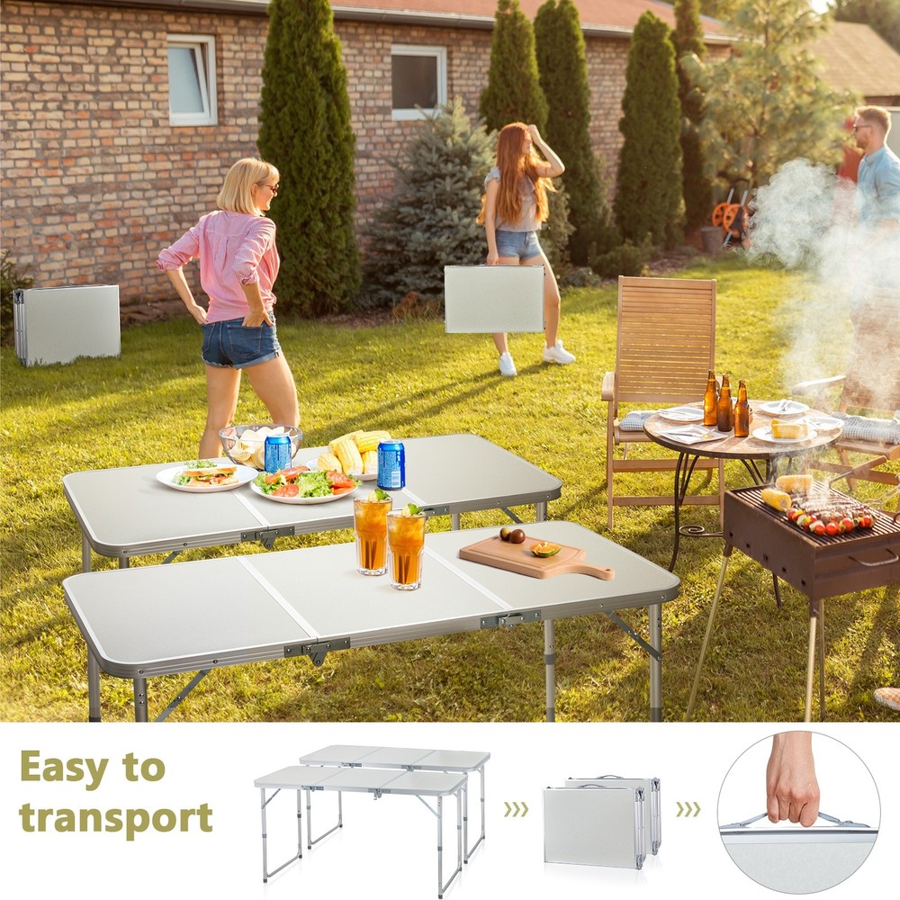 Folding Camping Table 4ft - Adjustable 3-Fold Patio Picnic Aluminum Frame White