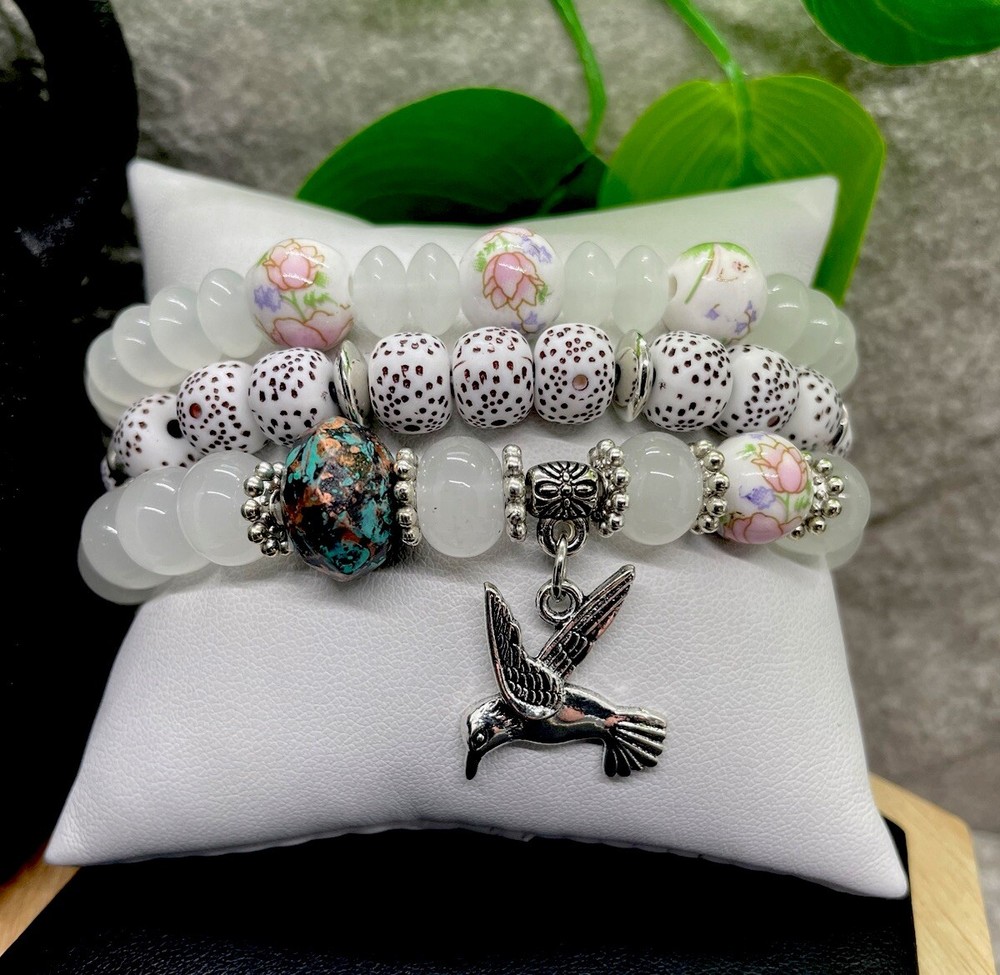 3 PC Handmade Boho Beaded Stackable 7” Plus Stretch Bracelet Set New B5332