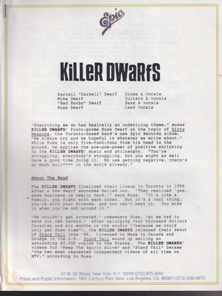 killer dwarfs dirty weapons press kit 1989